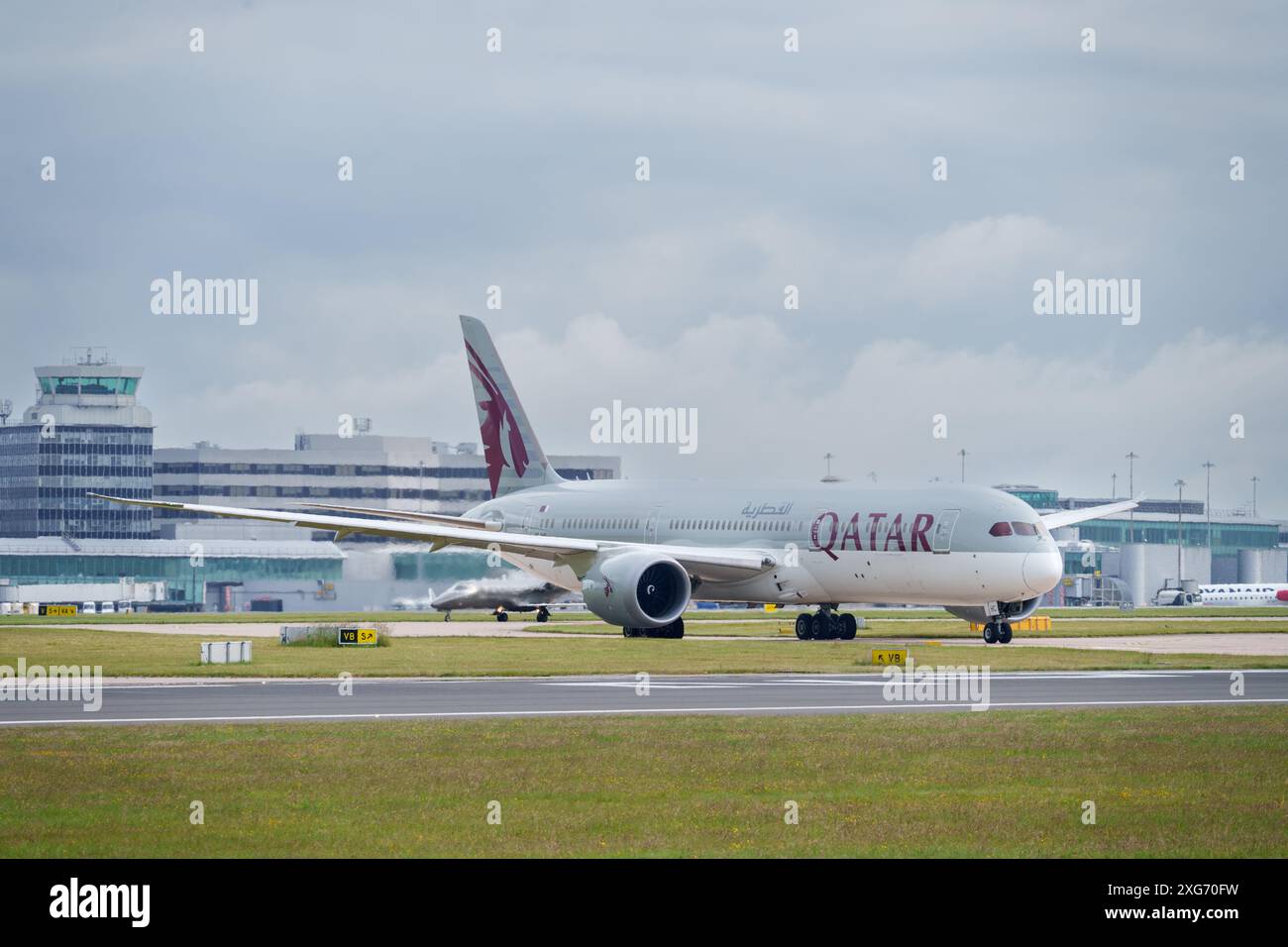 Qatar Airways Boeing 787 Dreamliner von Manchester nach Doha Stockfoto