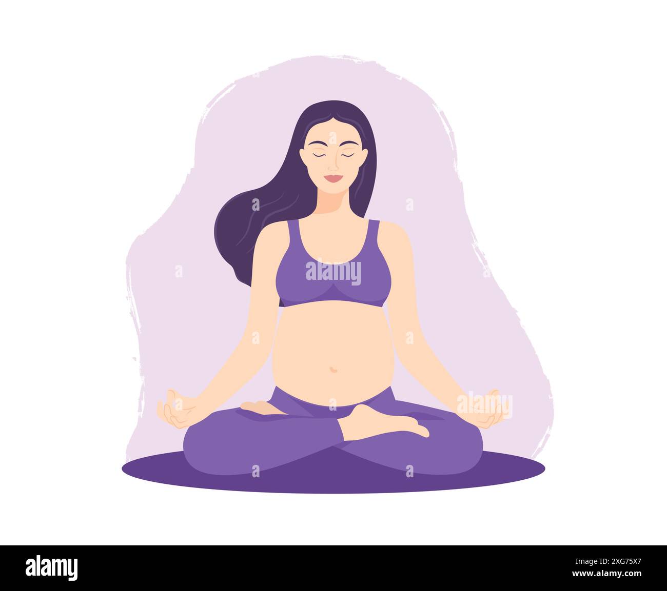 Lächelnde schwangere Frau, die in Lotusposition sitzt. Meditierende schwangere Frau beim perinatalen Yoga. Gesundes Schwangerschaftskonzept Stock Vektor