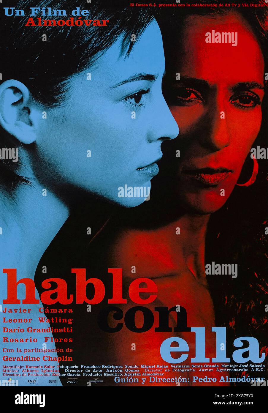 Hable con ella (2002) von Pedro Almodóvar mit Rosario Flores, Javier Cámara und Darío Grandinetti. Zwei Männer bilden eine unwahrscheinliche Freundschaft, da sie sich um zwei Frauen kümmern, die beide im Komas liegen. Foto eines original spanischen Posters aus dem Jahr 2002. ***NUR REDAKTIONELLE VERWENDUNG*** Credit: BFA / Warner Sogefilms Stockfoto