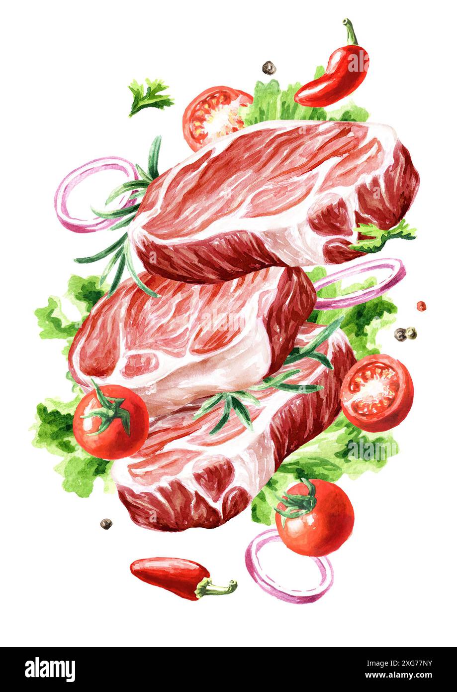 Rohes, frisches Rindfleisch aus biologischem Anbau mit Gemüse und Kräutern. Kochkonzept. Handgezeichnete Aquarellillustration isoliert auf weißem Hintergrund Stockfoto