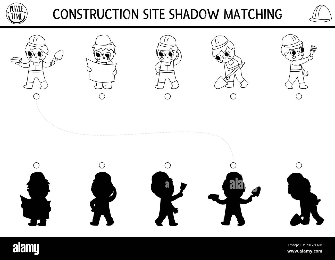 Baustelle Schwarzweiß-Schatten-Matching-Aktivität mit Arbeitern. Bauarbeiten Puzzle oder Ausmalseite mit Builder. Suchen Sie die richtige Silhouette Stock Vektor