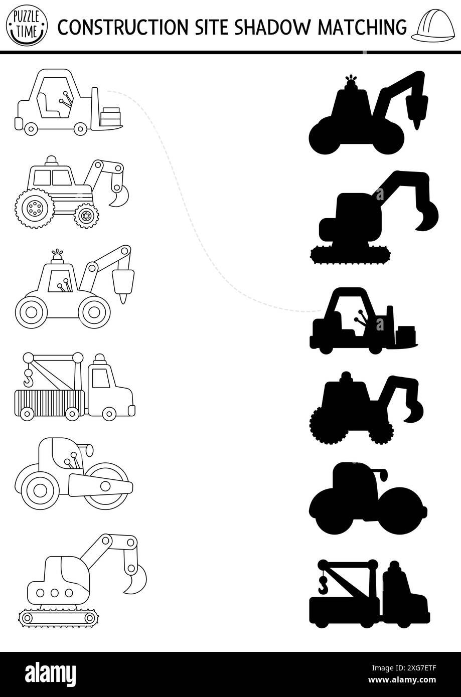 Schwarzweiß-Schatten-Matching-Aktivität auf der Baustelle mit speziellem Transport. Bauarbeiten Linienträtsel, Ausmalseite mit Bagger, Planierraupe Stock Vektor