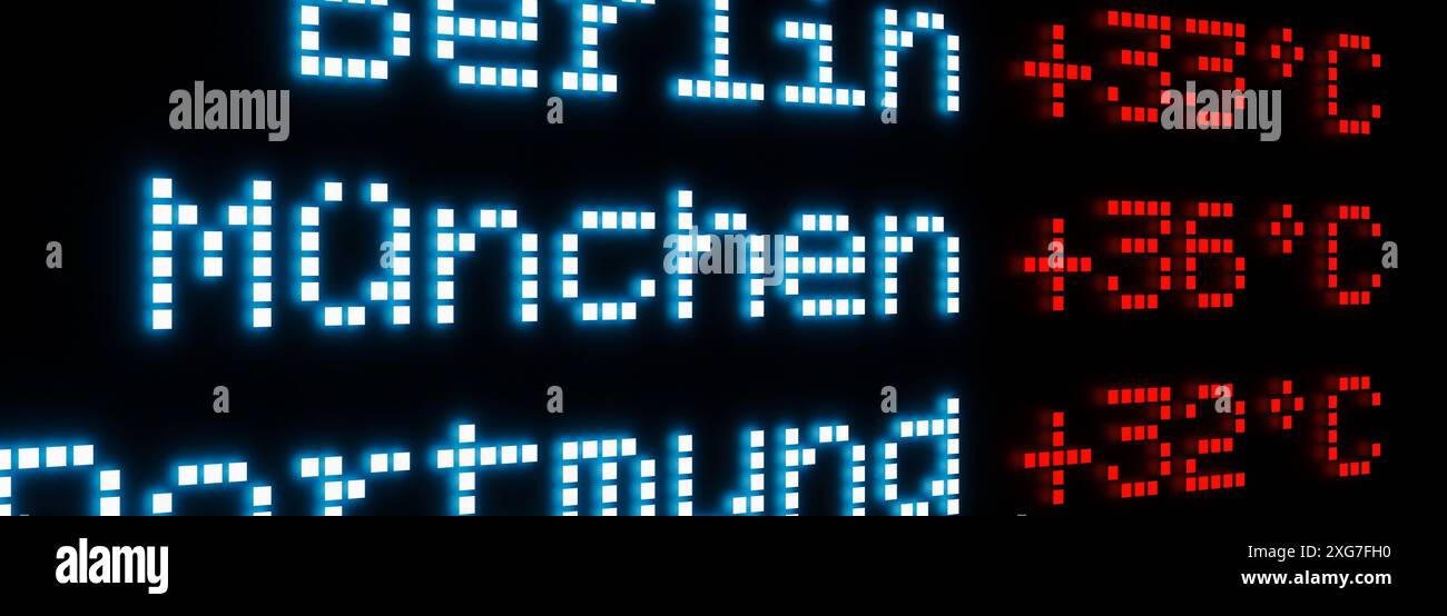 Hitze in München, 36 Grad hohe Temperatur. Hitze in München, 36 Grad hohe Temperatur. Extreme Temperatur, Anzeige, Anzeige, Umgebung, Klima Stockfoto