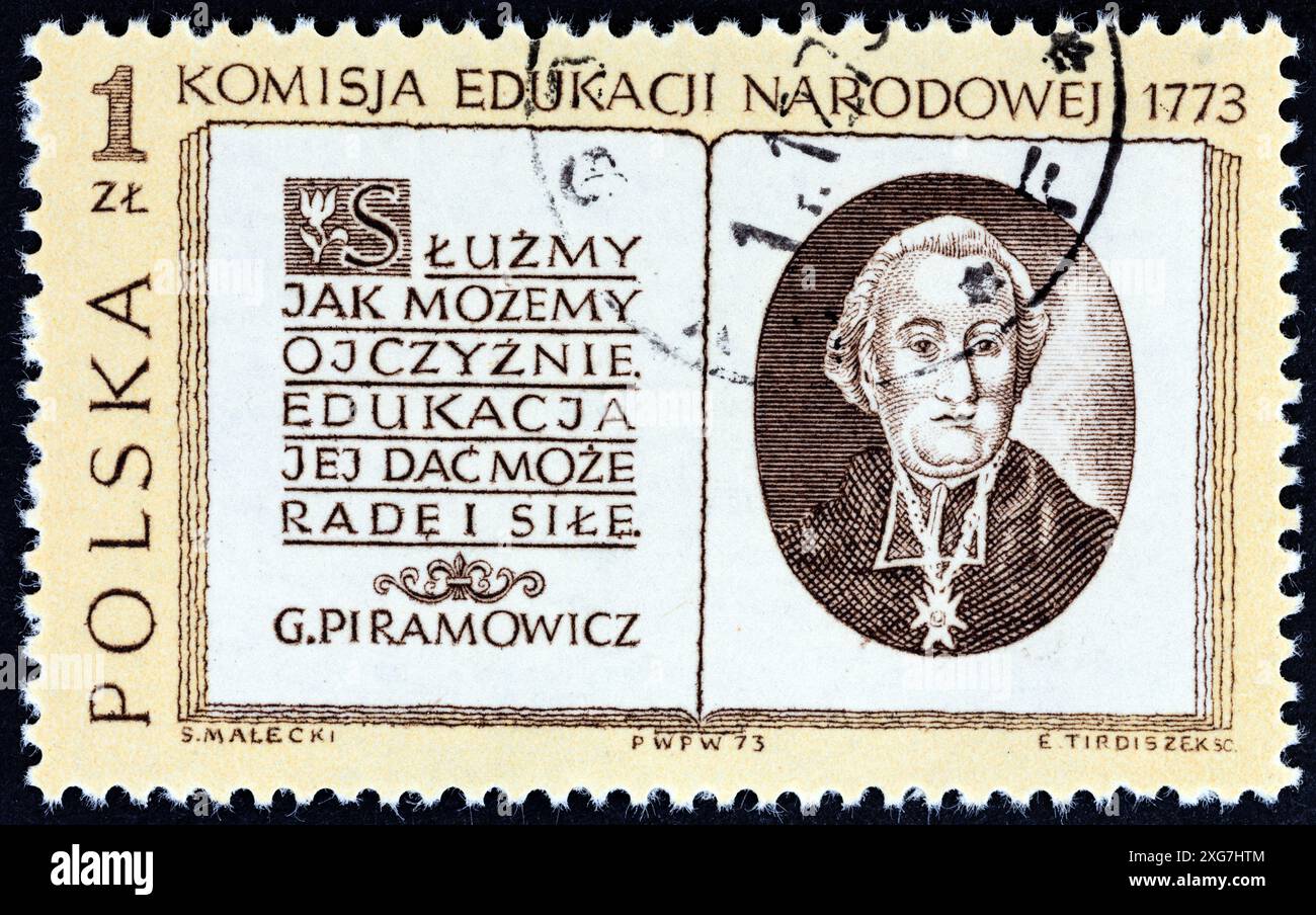 POLEN - UM 1973: Ein in Polen gedruckter Stempel, ausgestellt zum 200-jährigen Jubiläum der Nationalen Bildungskommission, zeigt Grzegorz Piramowicz und Titelseite Stockfoto