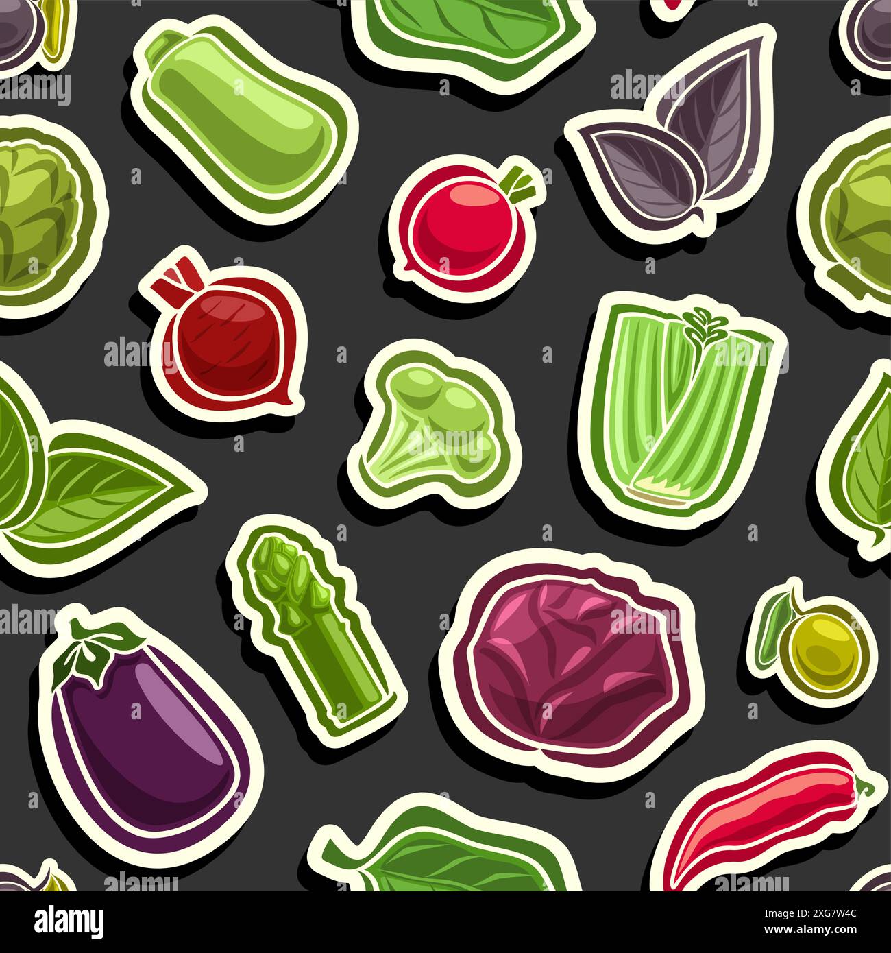 Vektor-Gemüse nahtlose Muster, dekorativer Hintergrund mit vielen fliegenden Rohgemüse für Verpackungspapier oder Bettwäsche, quadratische Plakette mit sortiert Stock Vektor