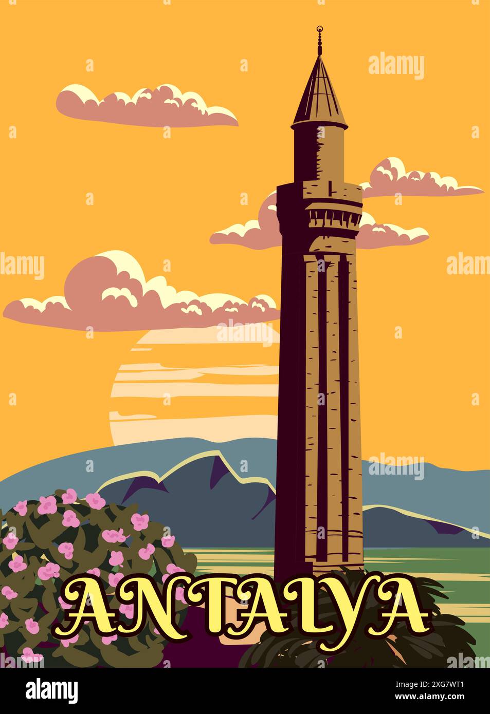 Antalya Retro Wahrzeichen Poster, Turkey Resort. Vintage touristische Reise Postkarte, Plakat, Vektor Stock Vektor