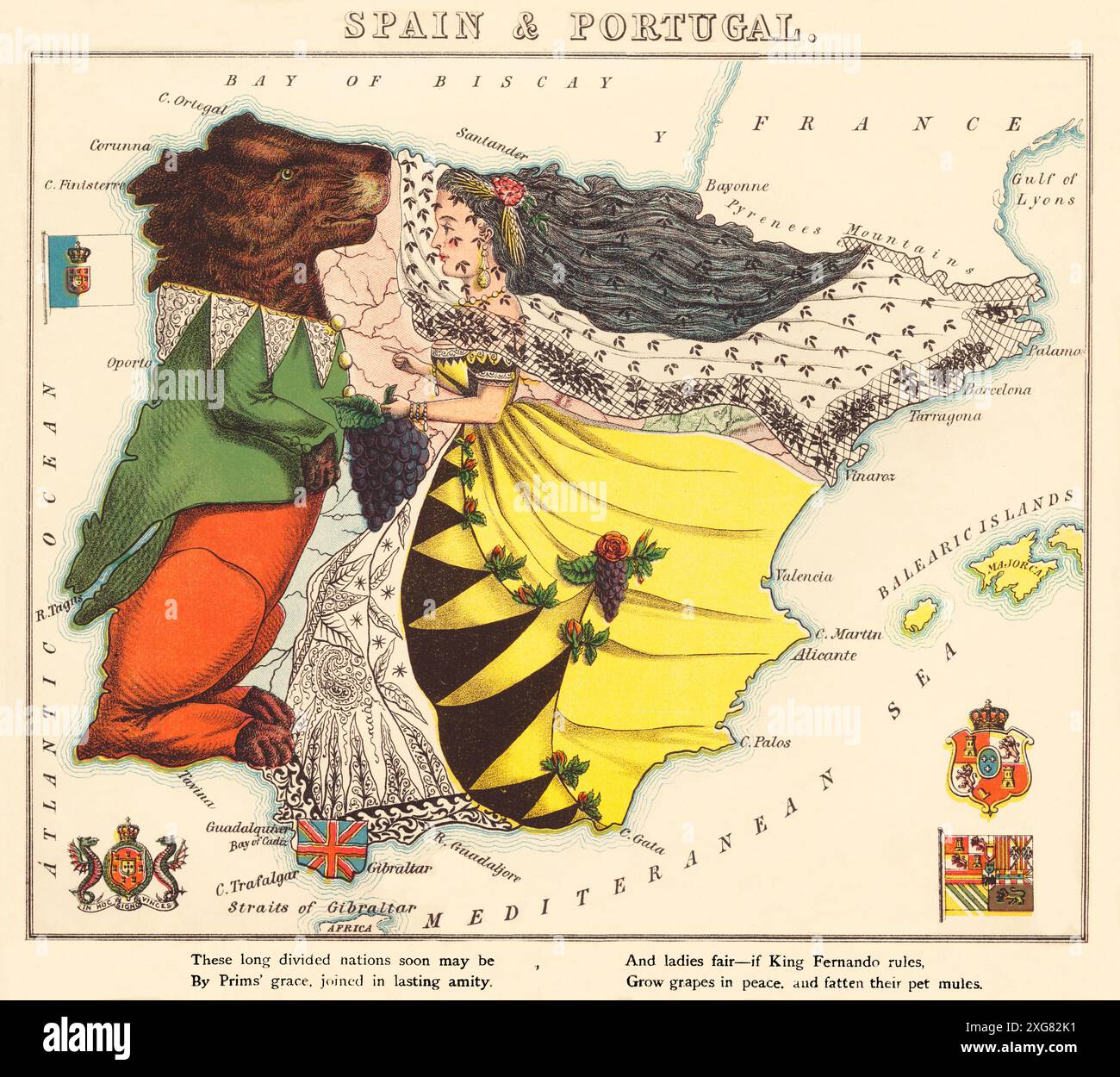 Eine Cartoonkarte Spaniens und Portugals aus der zweiten Hälfte des 19. Jahrhunderts mit einem Hinweis auf den Wunsch nach friedlichen Beziehungen zwischen den beiden Ländern. Entworfen und gemalt von Elizabeth Lilian Lancaster (1852–1939), einer Amateurkünstlerin, die eine Serie humorvoller Karten europäischer Länder schuf. Stockfoto