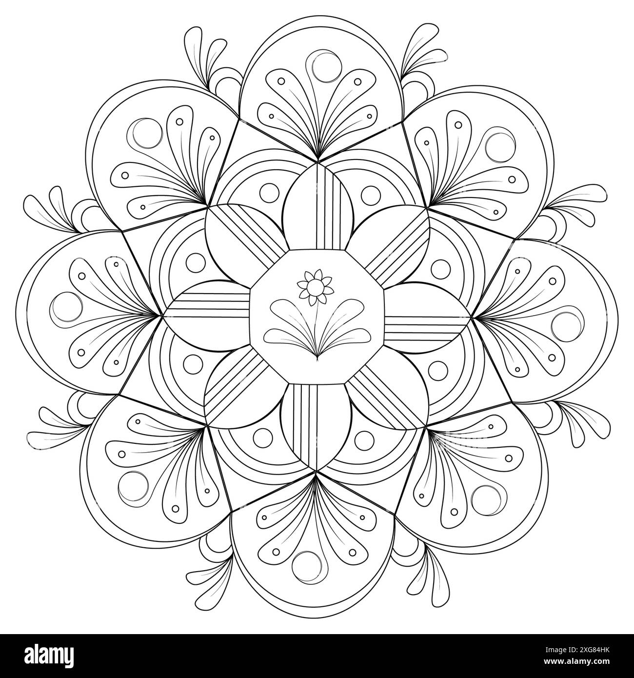 Ein schwarzes Bild eines kreisförmigen Designs auf weißem Hintergrund. Schwarzes Mandala in weißem Vektorhintergrund. Lakonische Mandala mit Pflanzenelementen: Blüte, Knospen Stockfoto