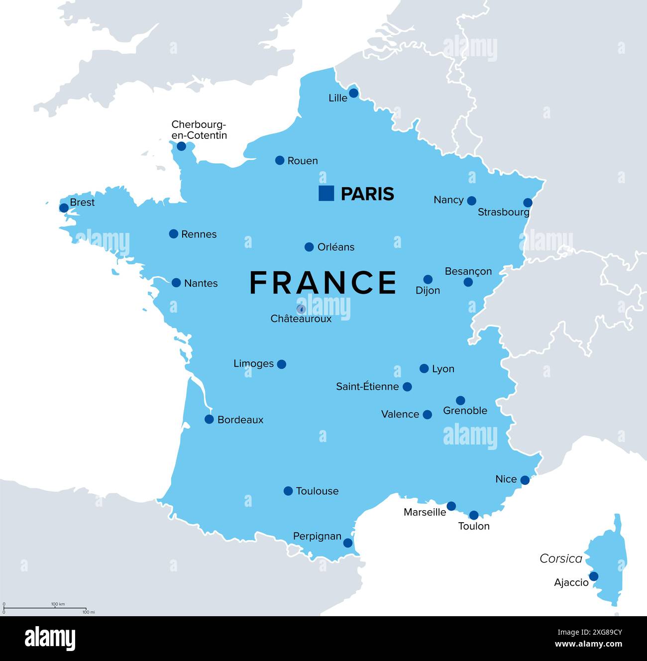 Metropolitan France, politische Karte mit Hauptstadt Paris. Gebiet des europäischen Frankreichs, das geografisch in Europa liegt. Stockfoto