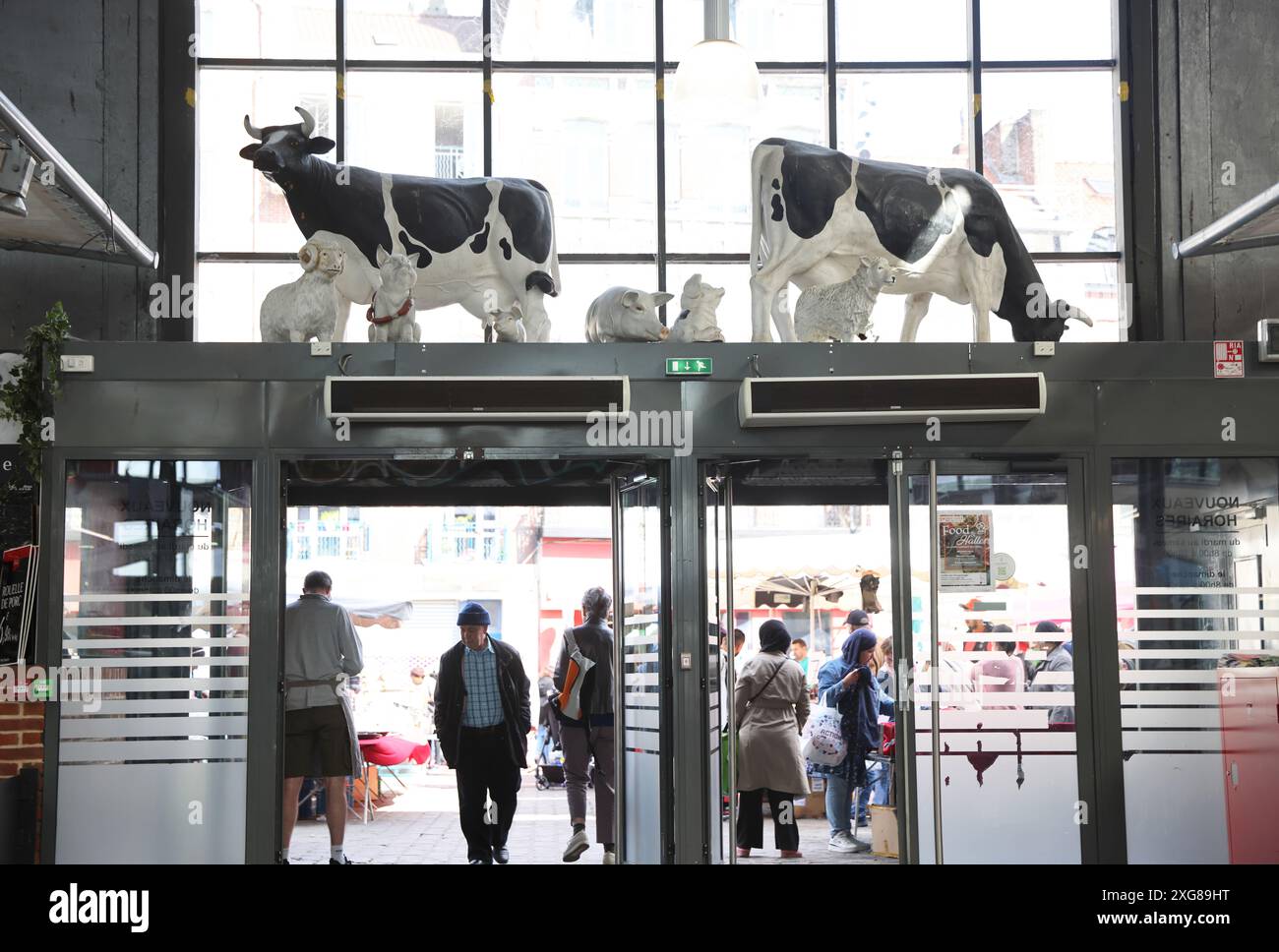 Das Innere von Wazemmes bedeckte den Markt im ethnisch gemischten Viertel Lille. An den Ständen werden Obst und Gemüse verkauft, und es gibt Bäcker, Metzger und Käseproduzenten. Stockfoto