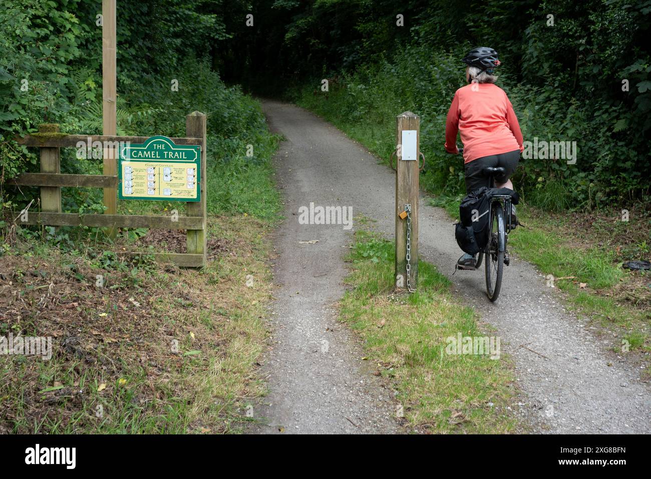 Eine Radfahrerin radelt am 27. Juni 2024 in Bodmin, Cornwall, England auf dem gut definierten Radweg des „Camel Trail“, der 18 km langen Route der Cornish Railway von Padstow nach Wenfordbridge. Stockfoto