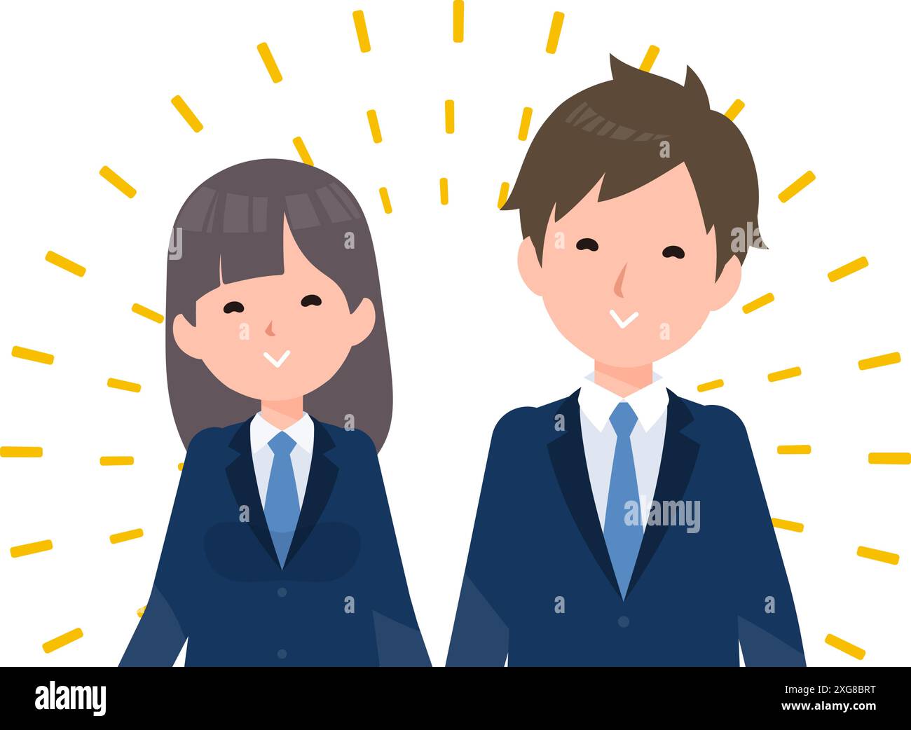 Schüler und Studenten in marineblauen Blazern. Ein friedliches und glückliches Lächeln. Stock Vektor