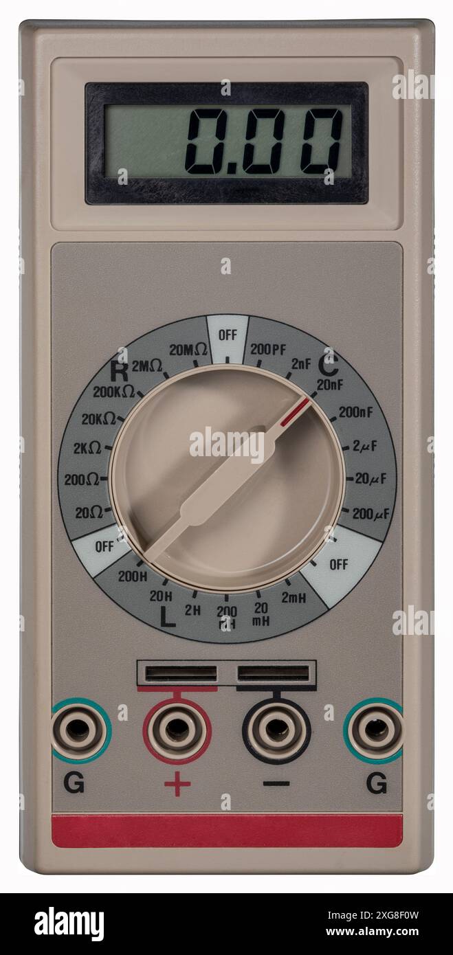 Historisches Digitalmultimeter ohne Kabel, ausgeschnitten auf weißem Hintergrund Stockfoto