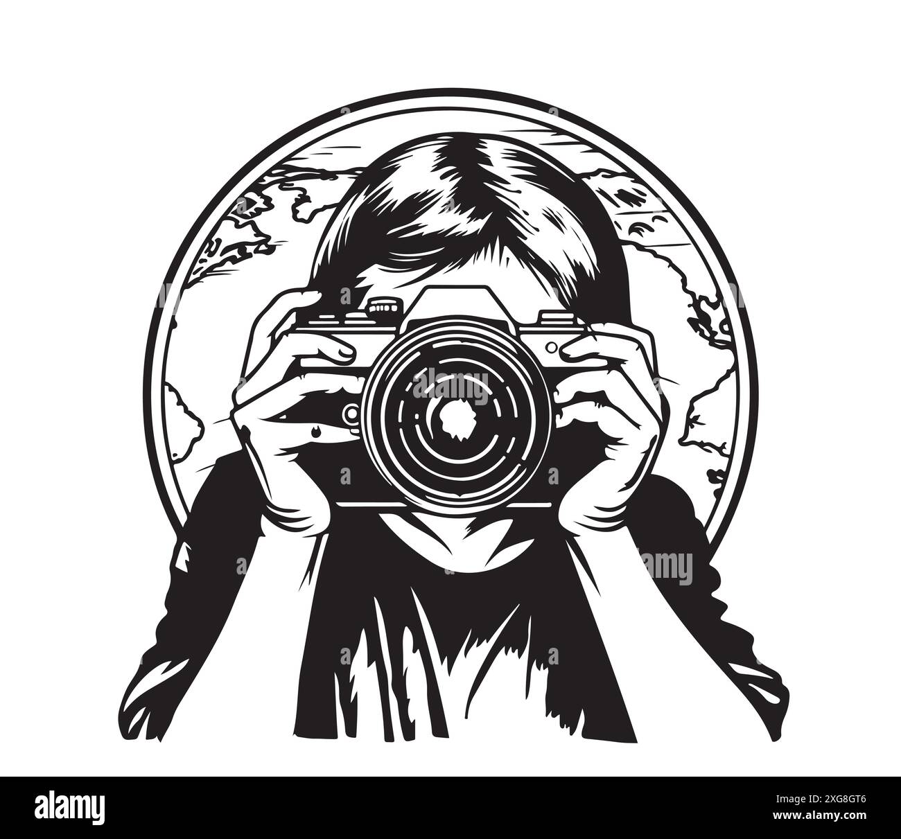 Freihandzeichnung von Fotografen, die mit der Kamera fotografieren Stock Vektor