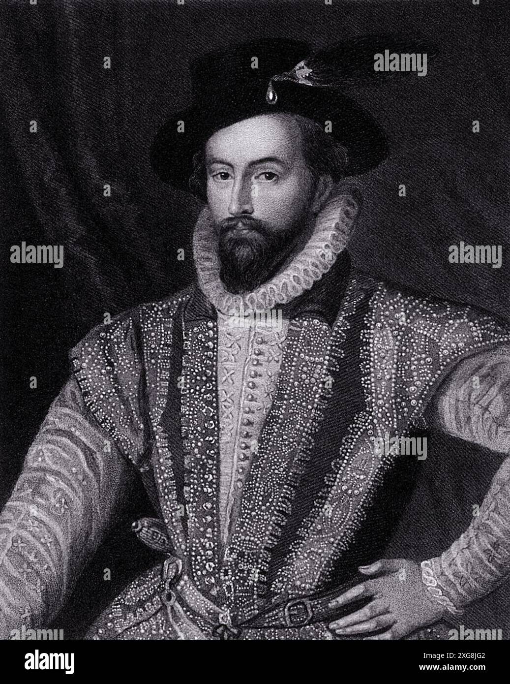 Sir Walter Raleigh, ein bekannter englischer Entdecker, Soldat und Schriftsteller, wird in diesem Stielstich von W. Holl dargestellt. Die Gravur zeigt Raleigh in einer formellen Porträtpose mit einem harten Ausdruck, mit einem dunklen Hut mit Feder, einem Rüschenkragen und einem reich gestickten Wimperntuch. Die Details in der Kleidung und die dezenten Schattierungen deuten auf eine geschickte Hand bei der Arbeit hin. Stockfoto