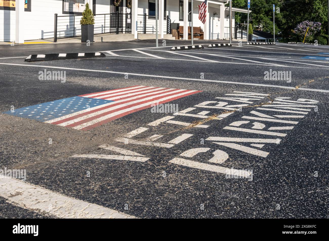 Veteranenparkplatz bei Alexander's, einem unabhängigen, familiengeführten Gemischtwarenladen in Blairsville, Georgia. (USA) Stockfoto