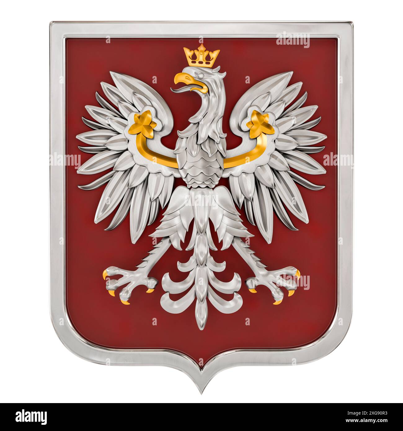 Wappen Polens. Gekrönter Adler mit goldenem Schnabel und Krallen, auf rotem Hintergrund - 3D-Rendering Stockfoto