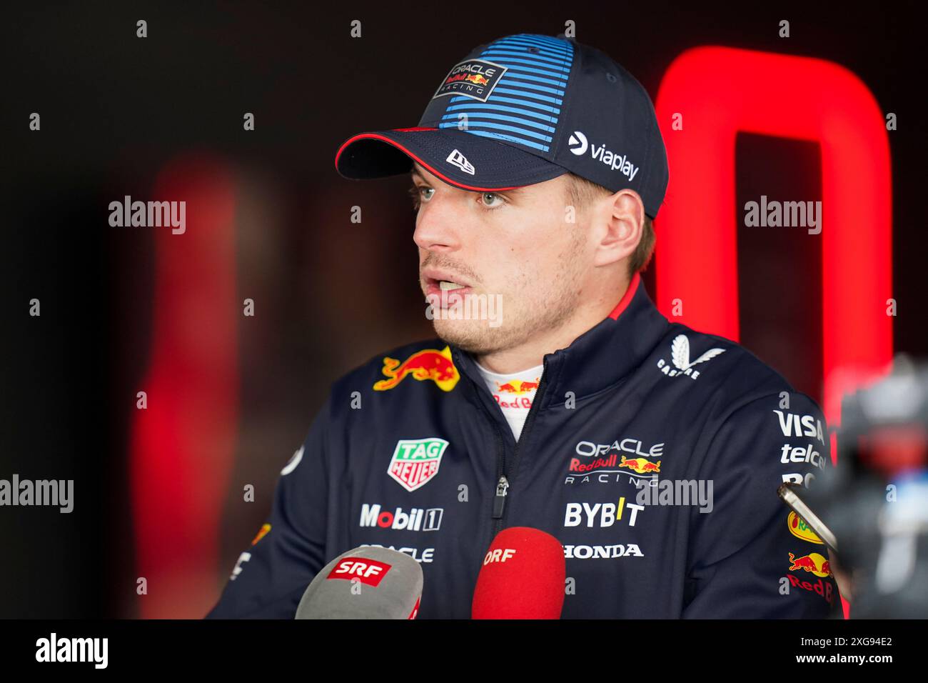 Silverstone, Großbritannien. Juli 2024. Max Verstappen 1 (NED), HONDA Red Bull Racing RB20 Presseinterview während des Formel 1 Qatar Airways Grand Prix auf dem Silverstone Circuit, Silverstone, England, Großbritannien am 7. Juli 2024 Credit: Every Second Media/Alamy Live News Stockfoto