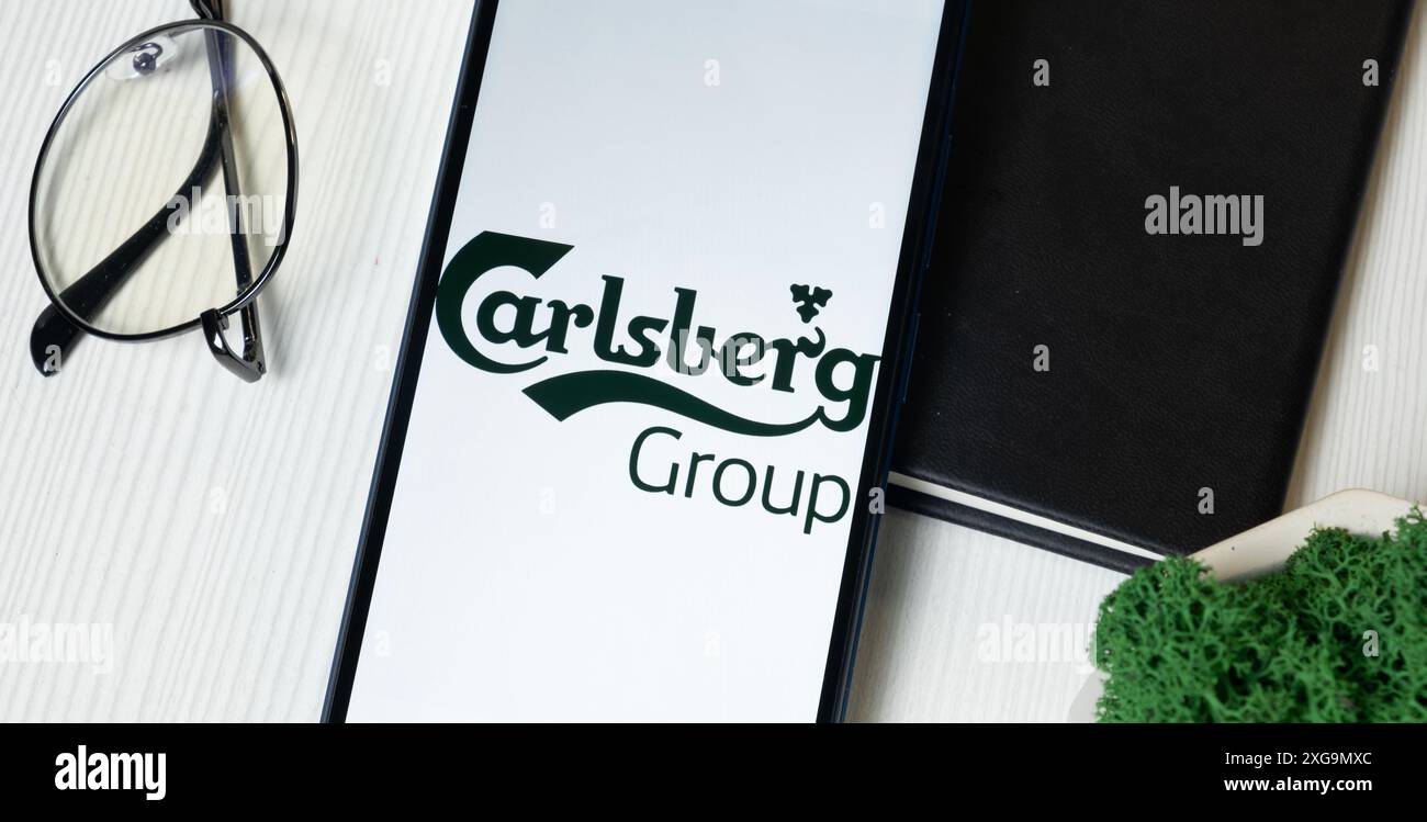 New York, USA – 1. Juni 2024: Carlsberg-Logo auf dem Telefonbildschirm, Firmensymbol. Stockfoto