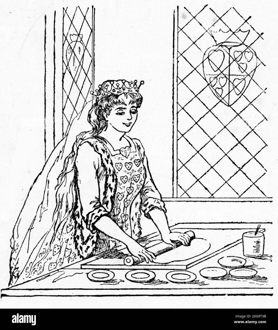Gravur der Herzkönigin in ihrer Küche, um 1880 Stockfoto