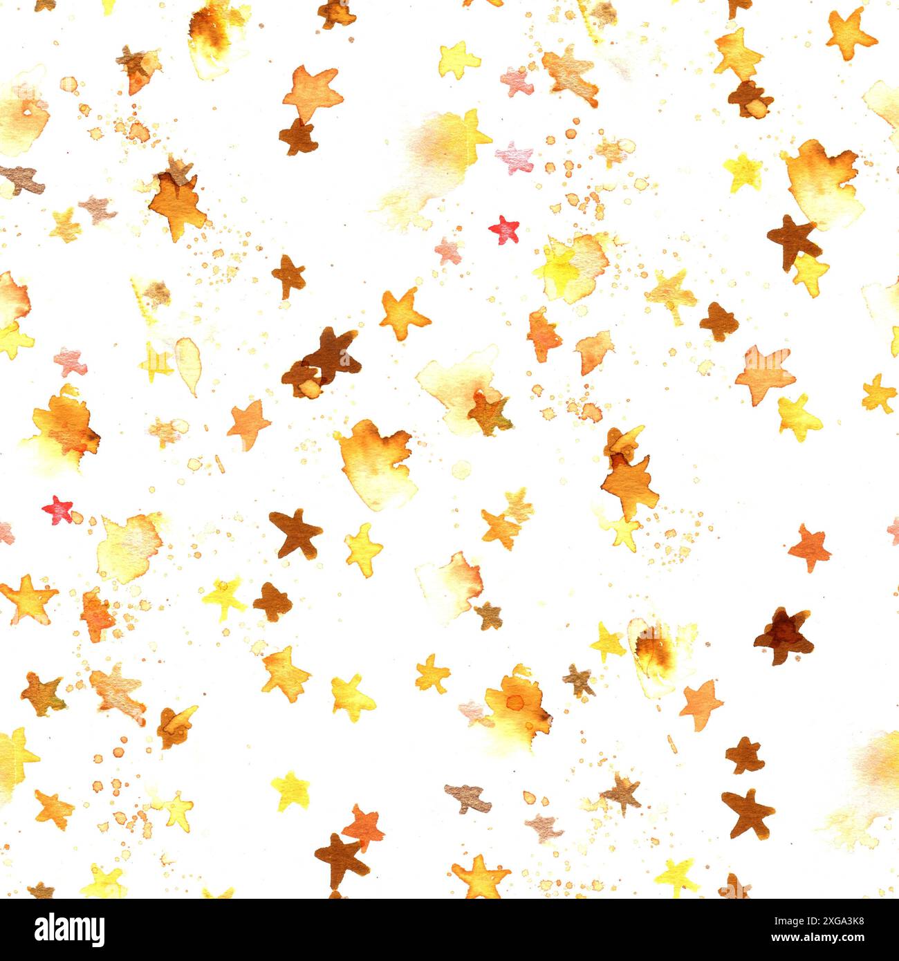 Eine nahtlose Muster mit goldgelben abstraktes Aquarell Sterne auf einem weißen Hintergrund, eine Hand gezeichnet starry wiederholen Stockfoto