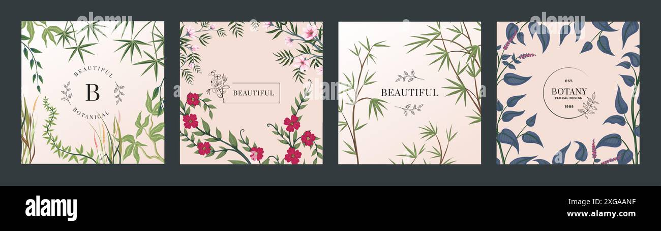 Posterset mit Blumenmuster. Rahmen mit Kopierraum. Botanisches Design mit Blumen- und tropischen Blättern. Frühlingssommer Hochzeitseinladungsdesign. Quadratischer Hintergrund. Post, Karte oder Cover in sozialen Medien. Vektorabbildung Stock Vektor
