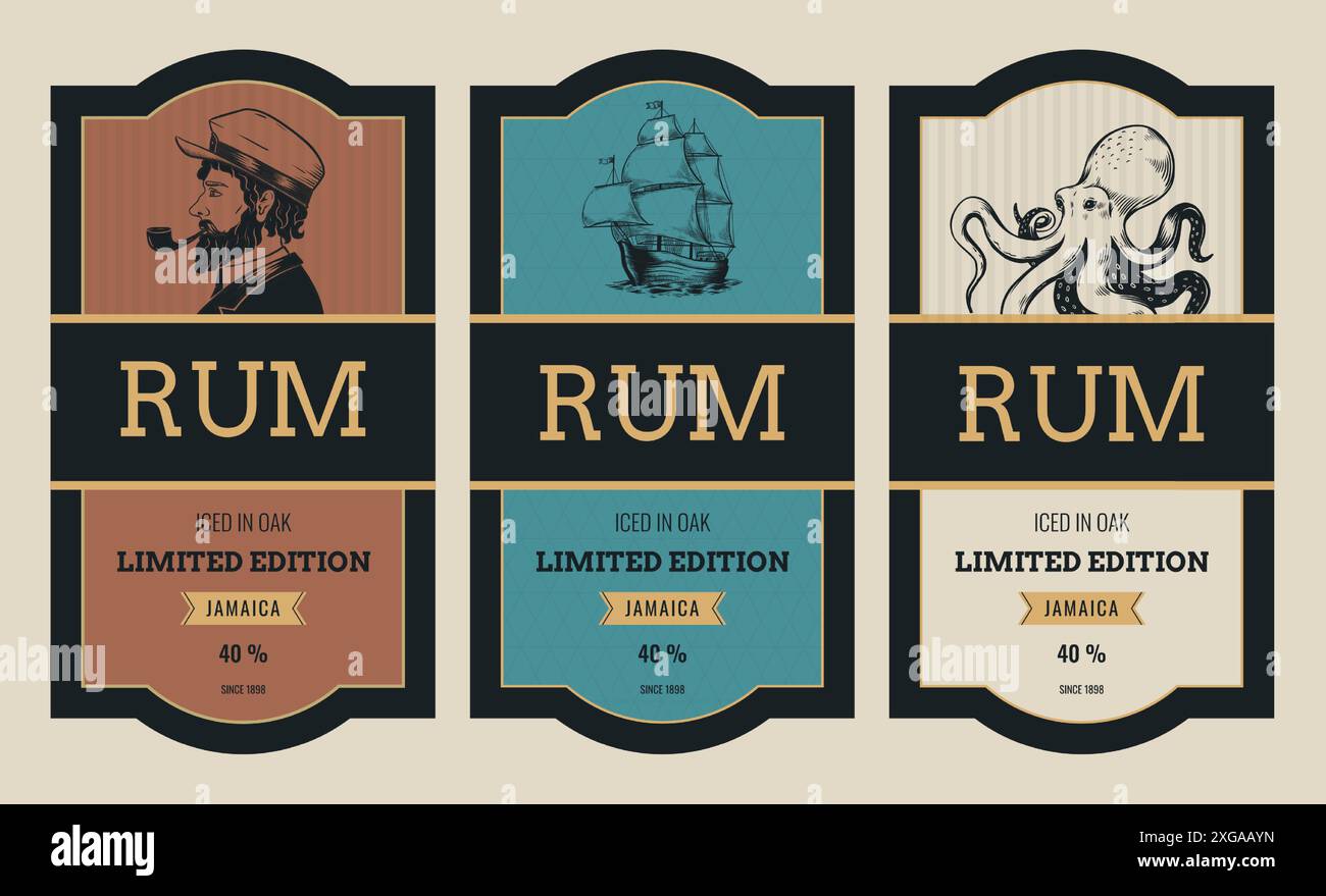 Rum-Etikett. Whiskey- oder Gin-Flasche. Etikett für Spirituosen. Retro-altes Alkoholzeichen. Premium-Rahmen mit Schiffskapitän. Sailors Pub Getränkekarte. Karibische Qualität. Vector Classic Design Verpackungsaufkleber Set Stock Vektor