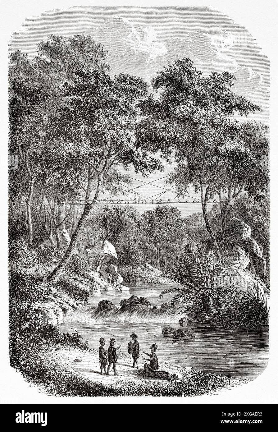 Traditionelle Bambusbrücke der westlichen Dayak. Borneo Island, Malaysia, Zeichnung von Alexandre de Bar (1821 - 1908) Reise zur Insel Borneo, 1847 von Carl Schwaner (1817 - 1851) Le Tour du Monde 1862 Stockfoto Traditionelle Bambusbrücke der westlichen Dayak. Borneo Island, Malaysia, Zeichnung von Alexandre de Bar (1821 - 1908) Reise zur Insel Borneo, 1847 von Carl Schwaner (1817 - 1851) Le Tour du Monde 1862 Stockfoto
