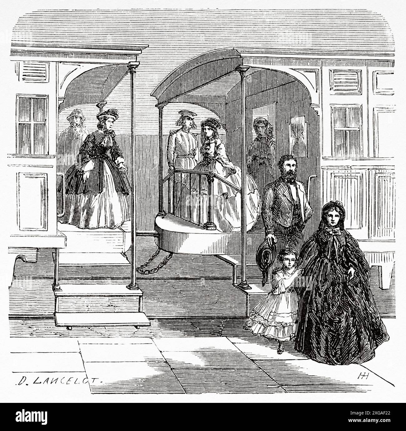 Elegant gekleidete Leute kommen vom alten Waggonbahnhof, Wurtemberg, Deutschland. Zeichnung von Dieudonne Lancelot (1823 - 1895) Reise von Paris nach Bukarest 1860, von Victor Duruy (1811 - 1894) Le Tour du Monde 1862 Stockfoto