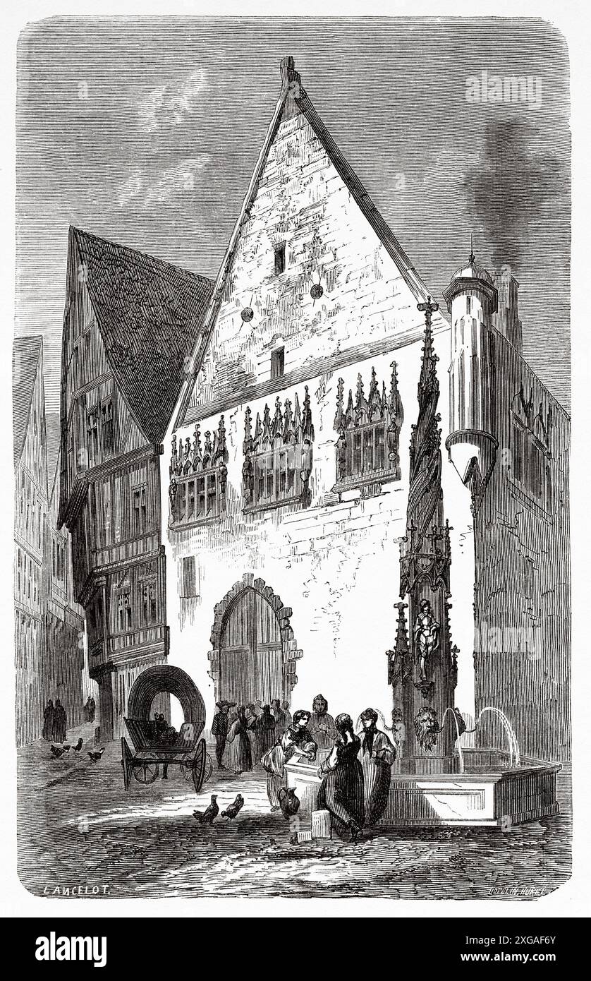 Das alte Rathaus von Ulm. Zeichnung von Dieudonne Lancelot (1823 - 1895) Reise von Paris nach Bukarest 1860, von Victor Duruy (1811 - 1894) Le Tour du Monde 1862 Stockfoto