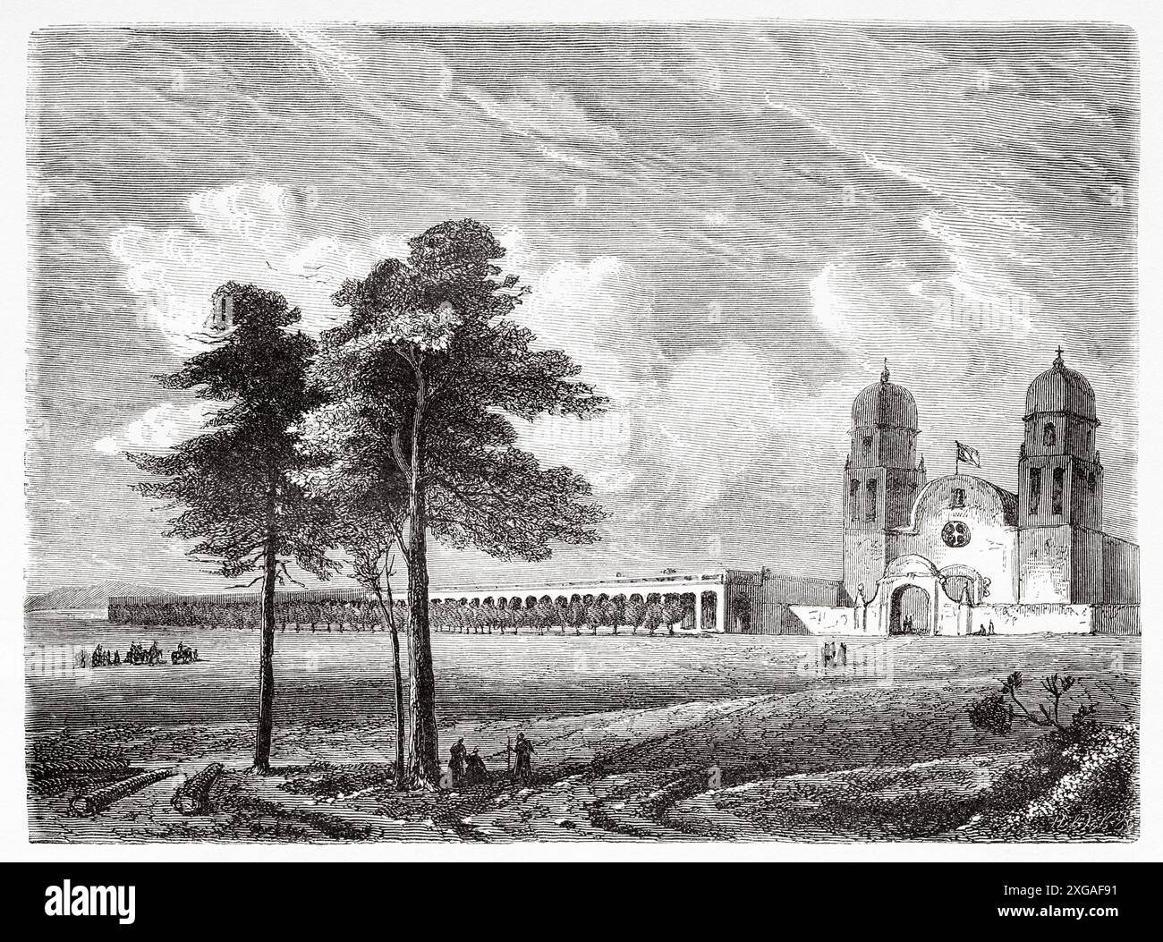 Mission von San Luis Gonzaga de Chiriyaquí, gegründet 1721 von dem Jesuiten-Missionar Clemente Guillén de Castro in Chiriyaquí, Mexiko, Zeichnung von Evremond de Berard (1824–1881) Travel in Mexico, 1854-1855 von Ernest Vigneaux. Le Tour du Monde 1862 Stockfoto