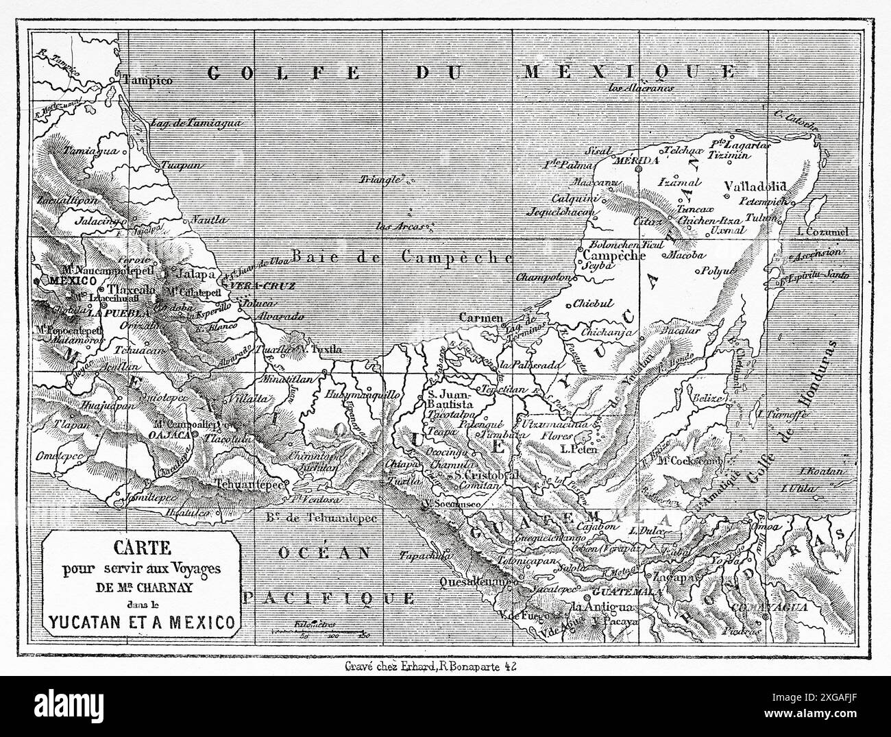 Karte von Desire Charnay für seine Reise nach Mexiko und der mexikanischen Halbinsel Yucatan, Mexiko. Reisen Sie in Mexiko, 1854-1855 mit Ernest Vigneaux. Le Tour du Monde 1862 Stockfoto