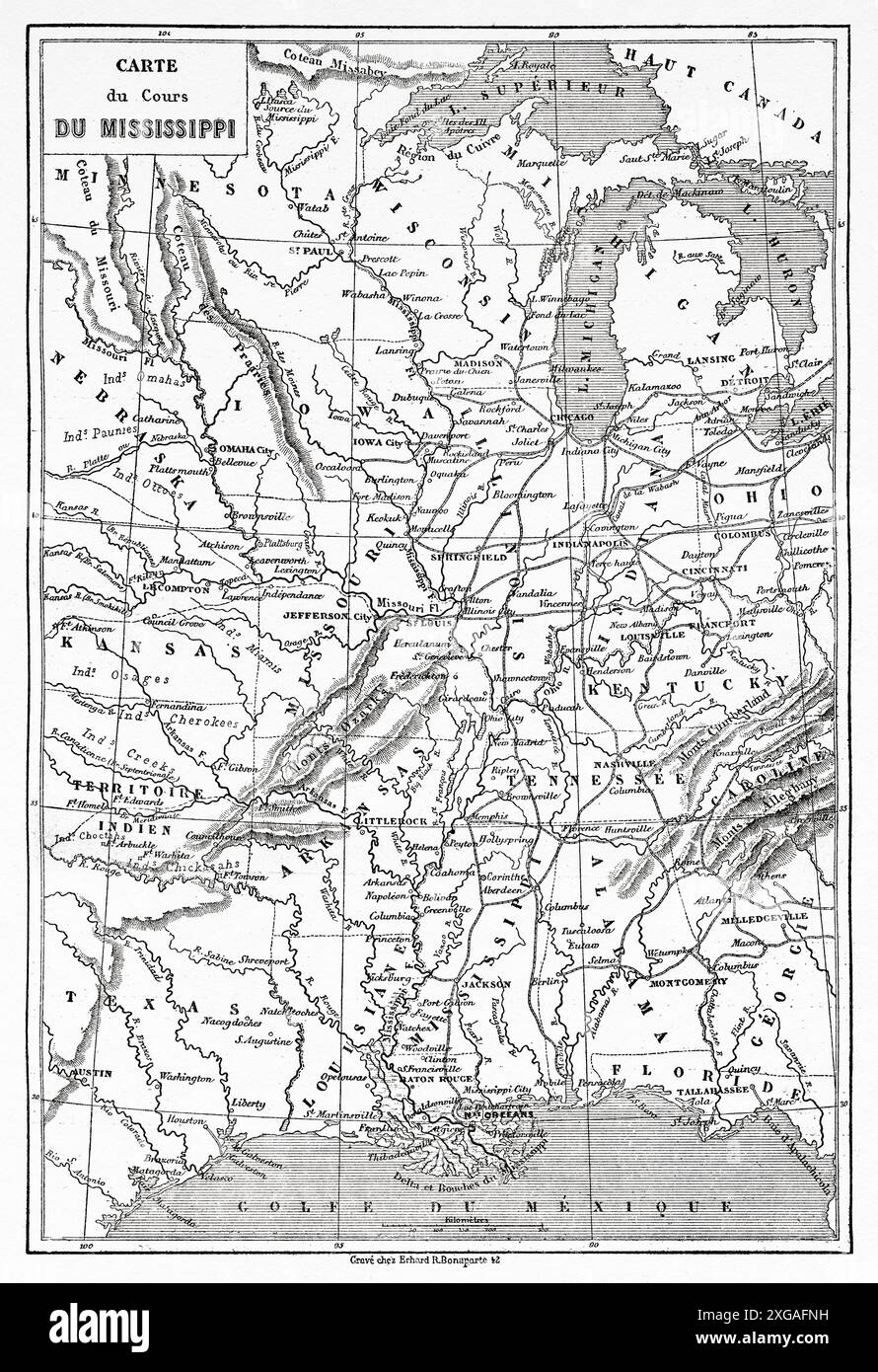 Alte Karte des Flusslaufs des Mississippi. Abenteuer eines Abolitionisten aus Kansas in Missouri, 1855. Geschichte von Dr. John Doy (1812-1869) Le Tour du Monde 1862 Stockfoto