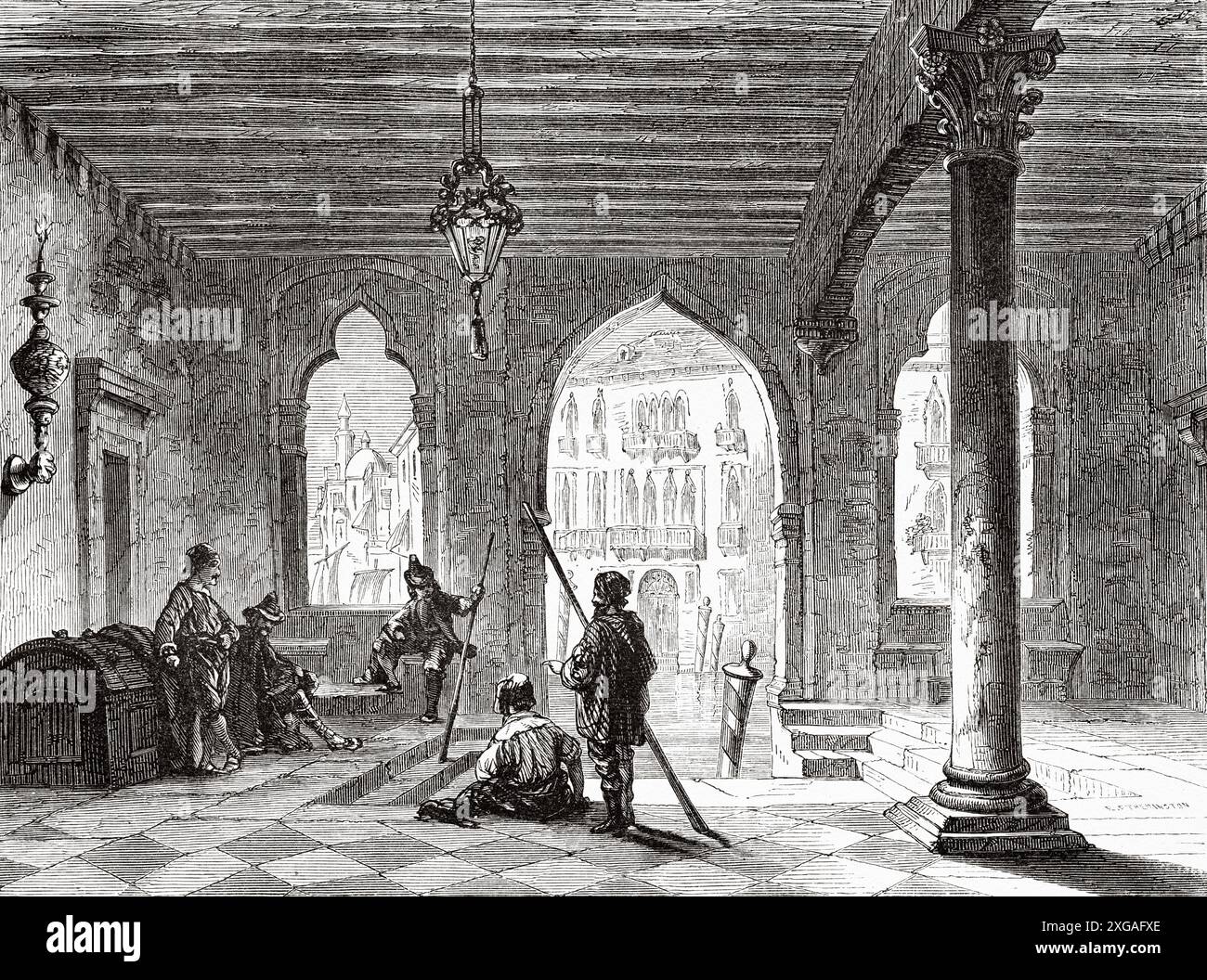 Atrium der Ca' Foscari Universität, Venedig. Italien, Zeichnung von Karl Girardet (1813–1871) Venedig von Adalbert de Beaumont (18091–1869) Le Tour du Monde 1862 Stockfoto