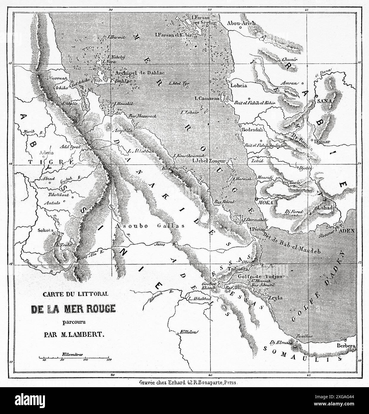 Karte der Küste des Roten Meeres von Henri Lambert. Naher Osten, Zeichnung von Alexandre de Bar (1821–1908) Reise von Henri Lambert. Le Tour du Monde 1862 Stockfoto