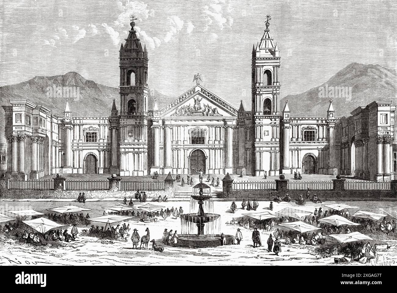 Platz und die große Kathedrale auf der Plaza de Armas in Arequipa, Peru, Südamerika. Reisen Sie durch Südamerika vom Pazifik zum Atlantischen Ozean, 1848-1960 von Paul Marcoy (1815 - 1887) erste Etappe, von Islay nach Arequipa, Peru. Le Tour du Monde 1862 Stockfoto