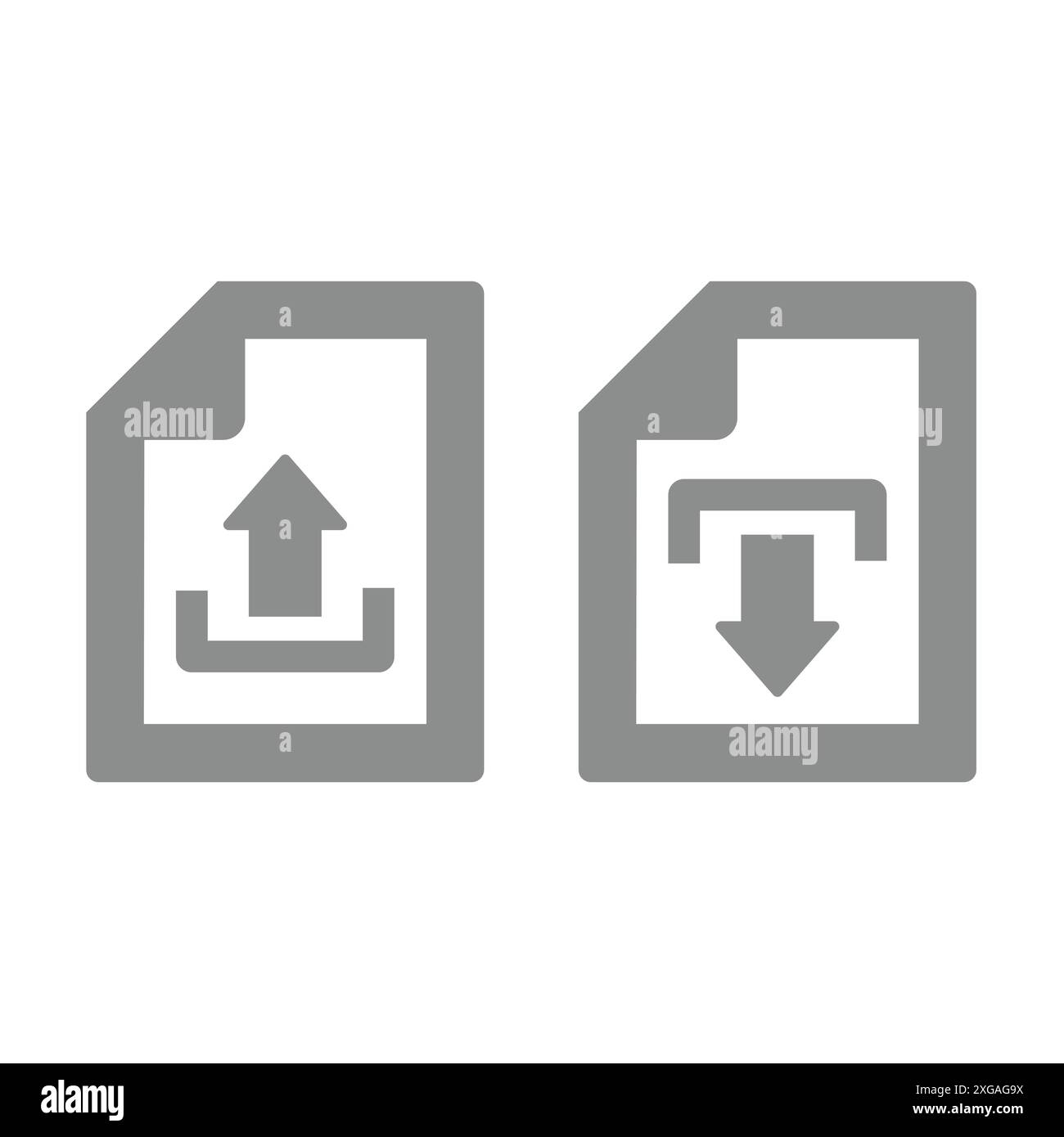 Vektorsymbol zum Hochladen und Herunterladen von Dokumenten. Formular mit Pfeilsymbol wird hochgeladen und heruntergeladen. Stock Vektor