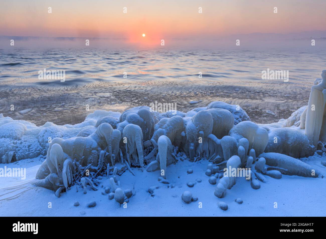 Eisufer eines Sees bei Sonnenaufgang, Winter, Starnberger See, Bayern, Deutschland, Europa Stockfoto