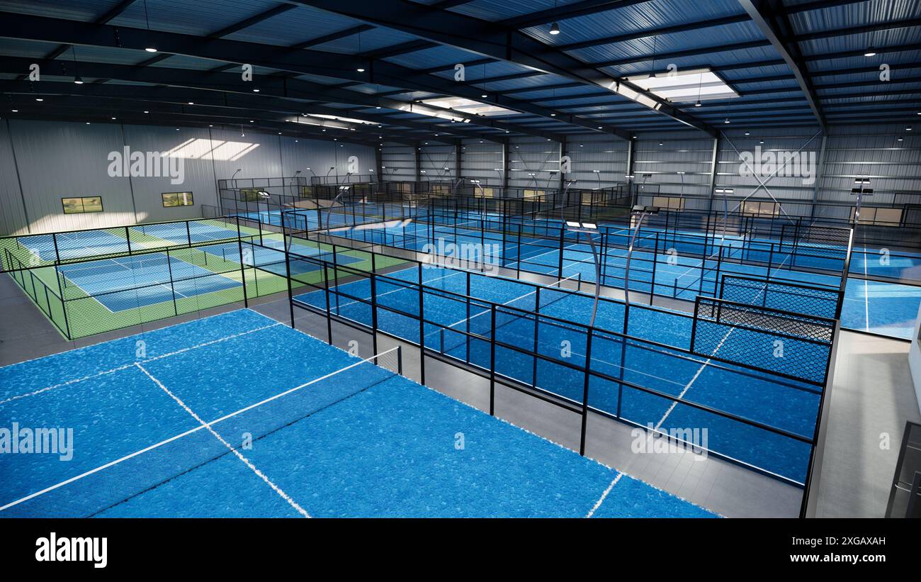 Ein blau-grüner Padel- und Pickleball-Tennisplatz mit blauem Netz Stockfoto