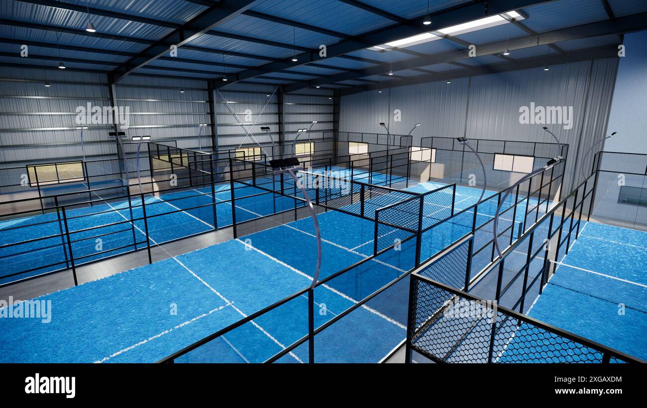 Ein blauer Padel-Tennisplatz mit blauem Netz Stockfoto