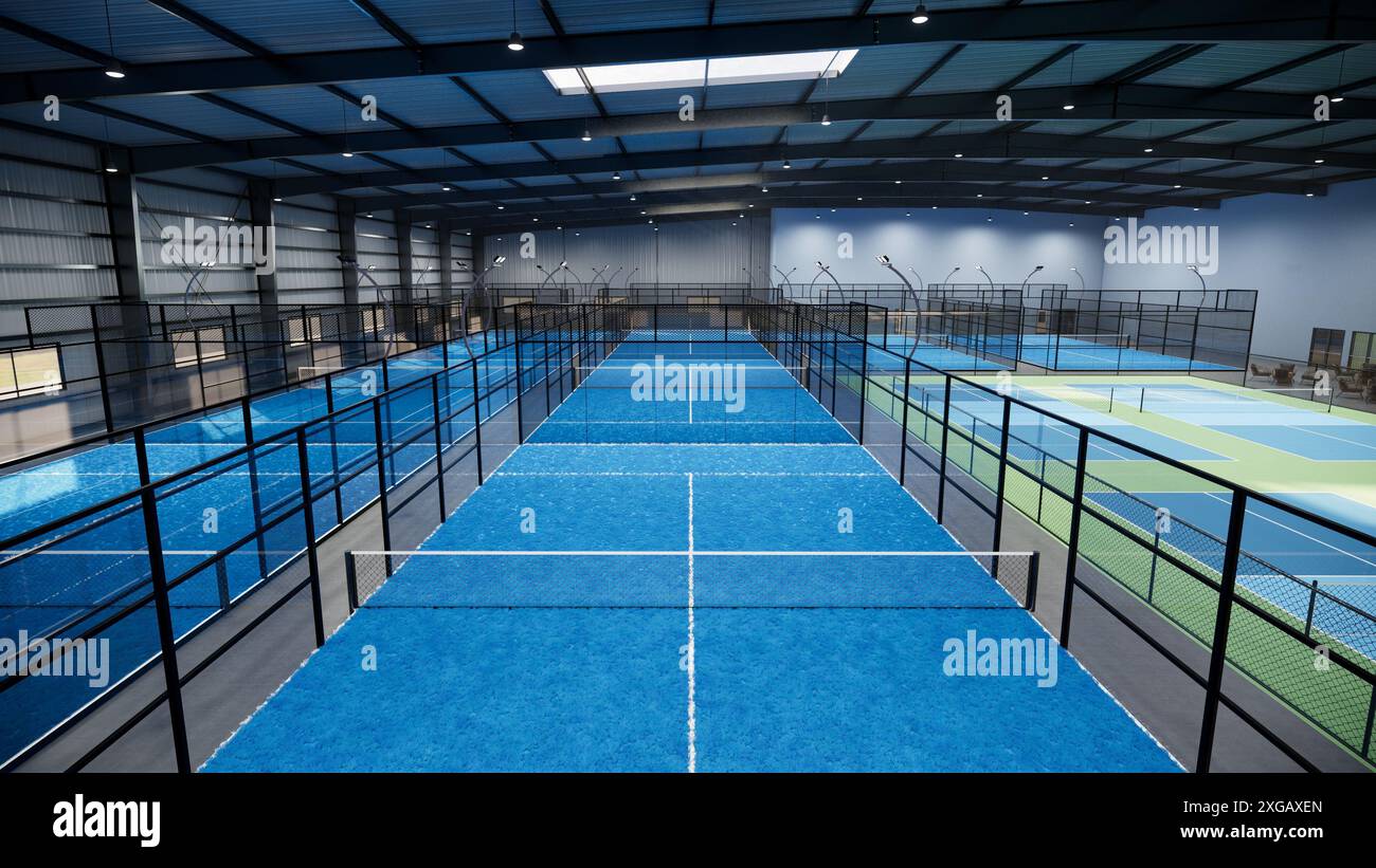 Ein blau-grüner Padel- und Pickleball-Tennisplatz mit blauem Netz Stockfoto