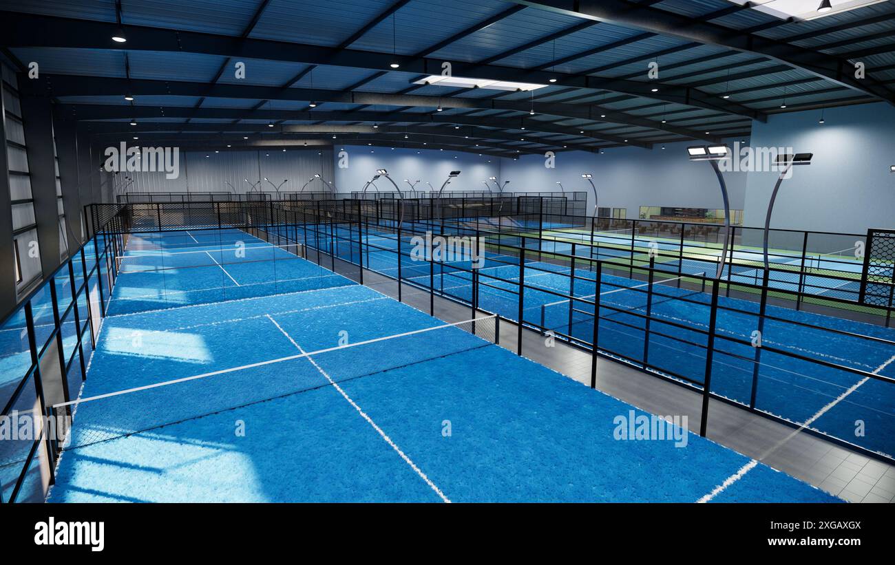 Ein blau-grüner Padel- und Pickleball-Tennisplatz mit blauem Netz Stockfoto
