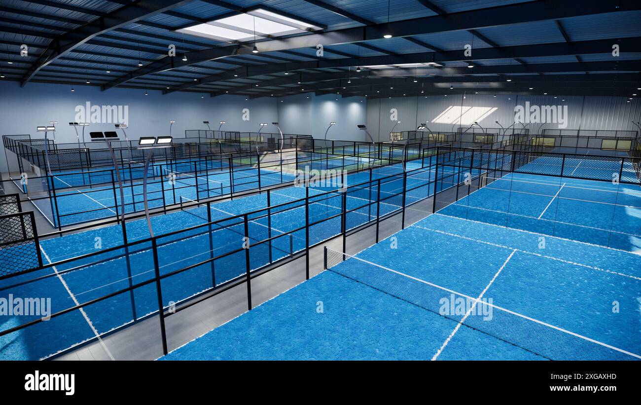 Ein blauer Padel-Tennisplatz mit blauem Netz Stockfoto