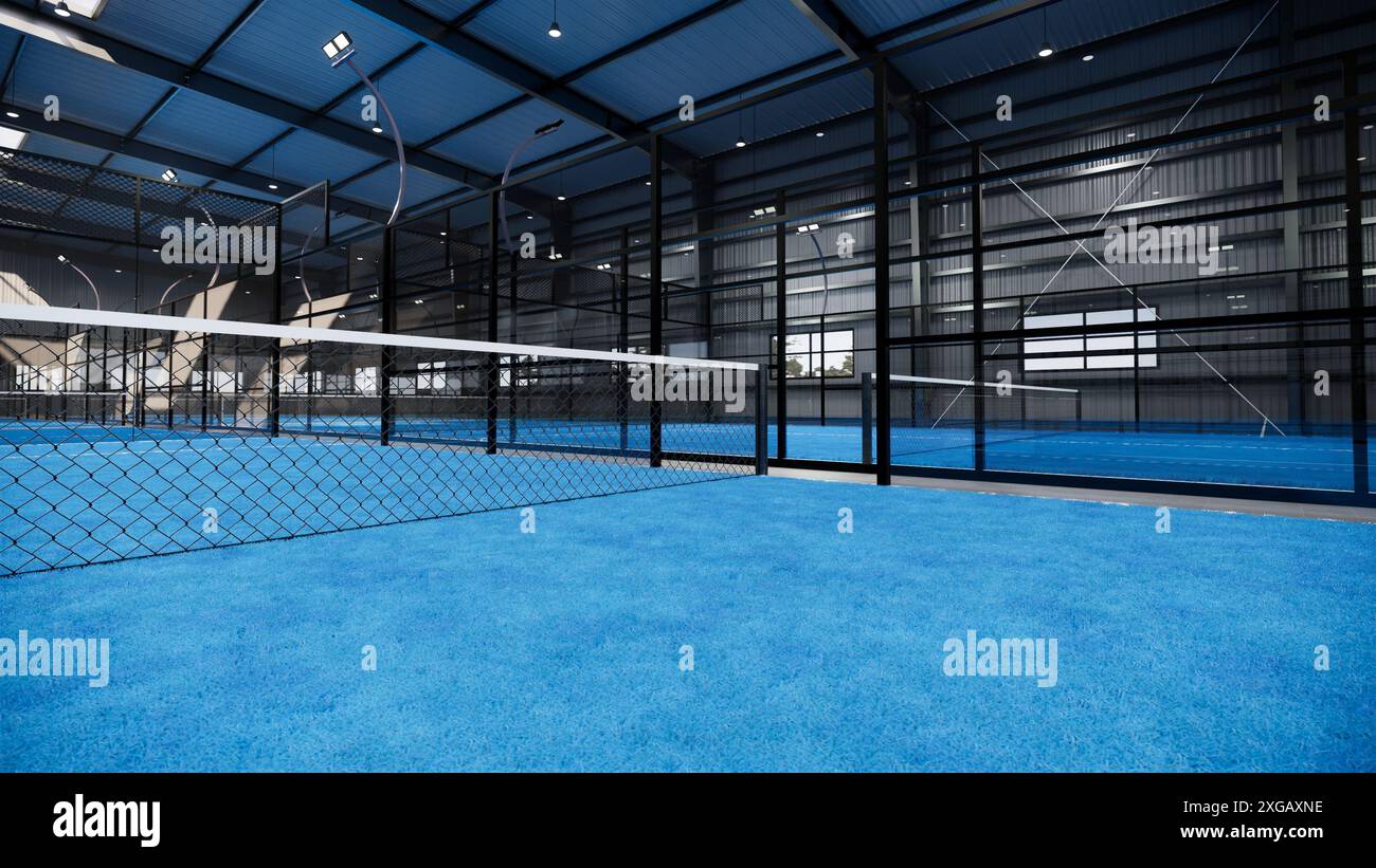 Eckansicht des leeren Padel Paddle Tennis Courts in blauer Farbe Stockfoto