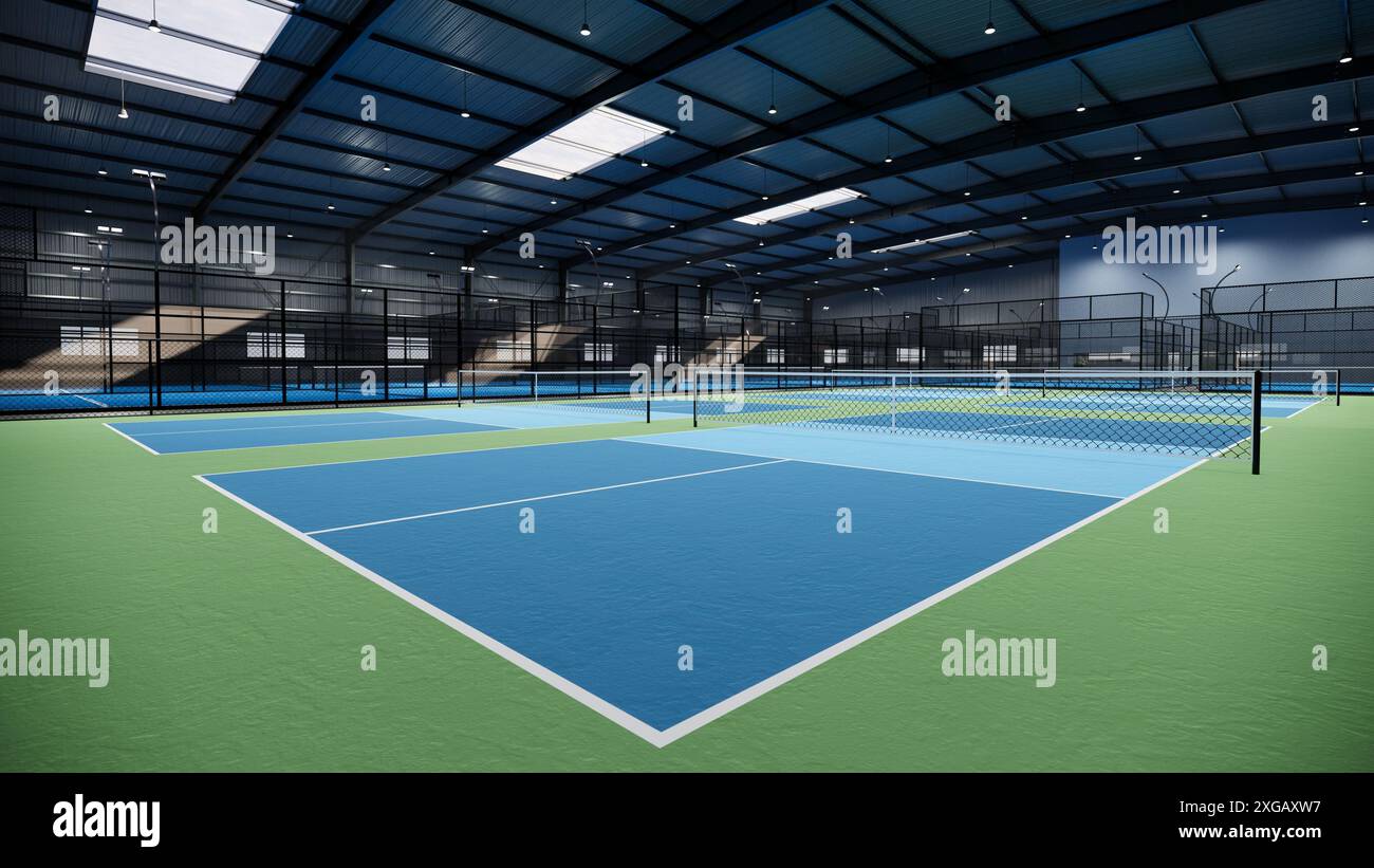 Leerer Tennisplatz mit Pickleball in Blau und Grün Stockfoto