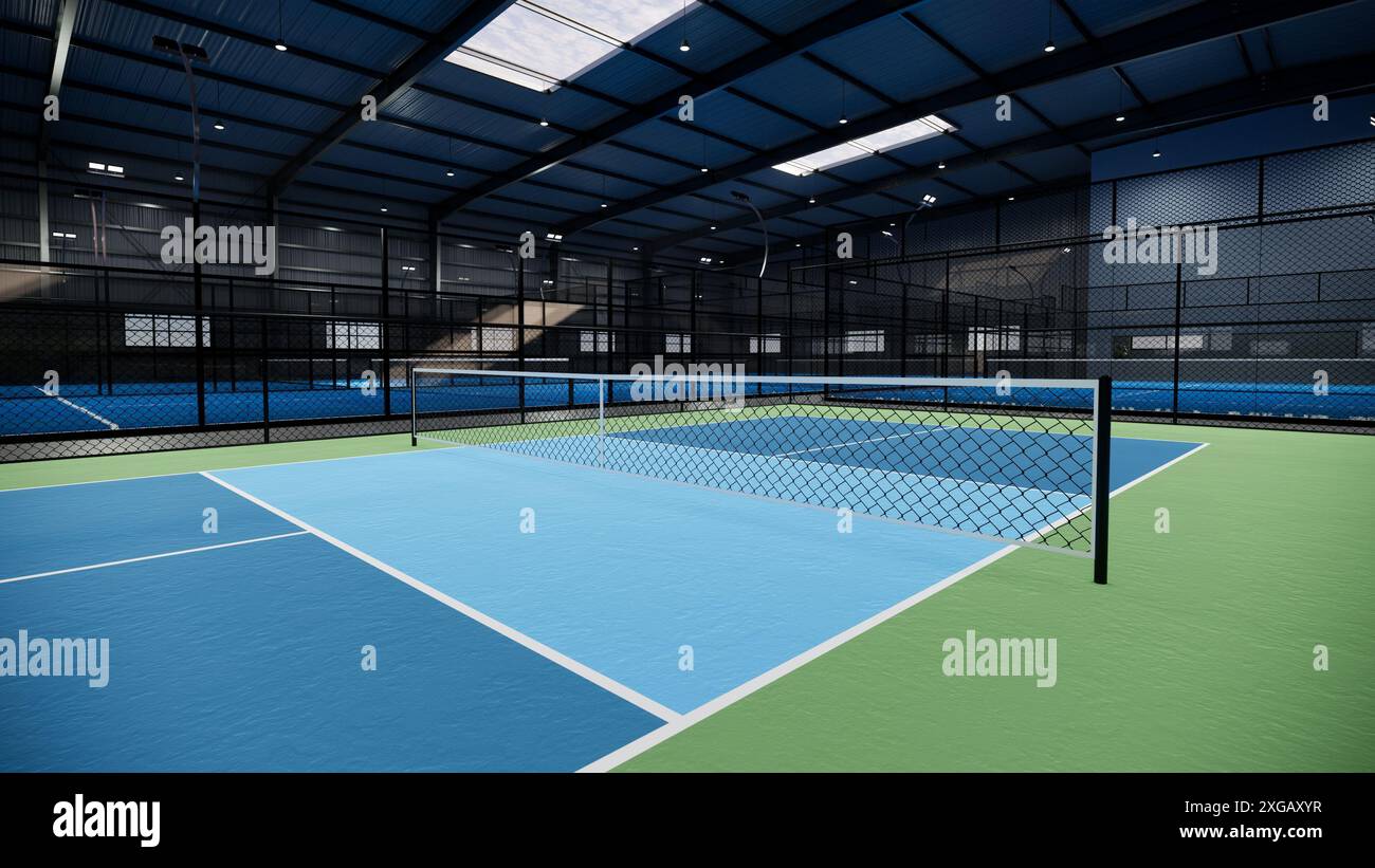 Leerer Tennisplatz mit Pickleball in Blau und Grün Stockfoto