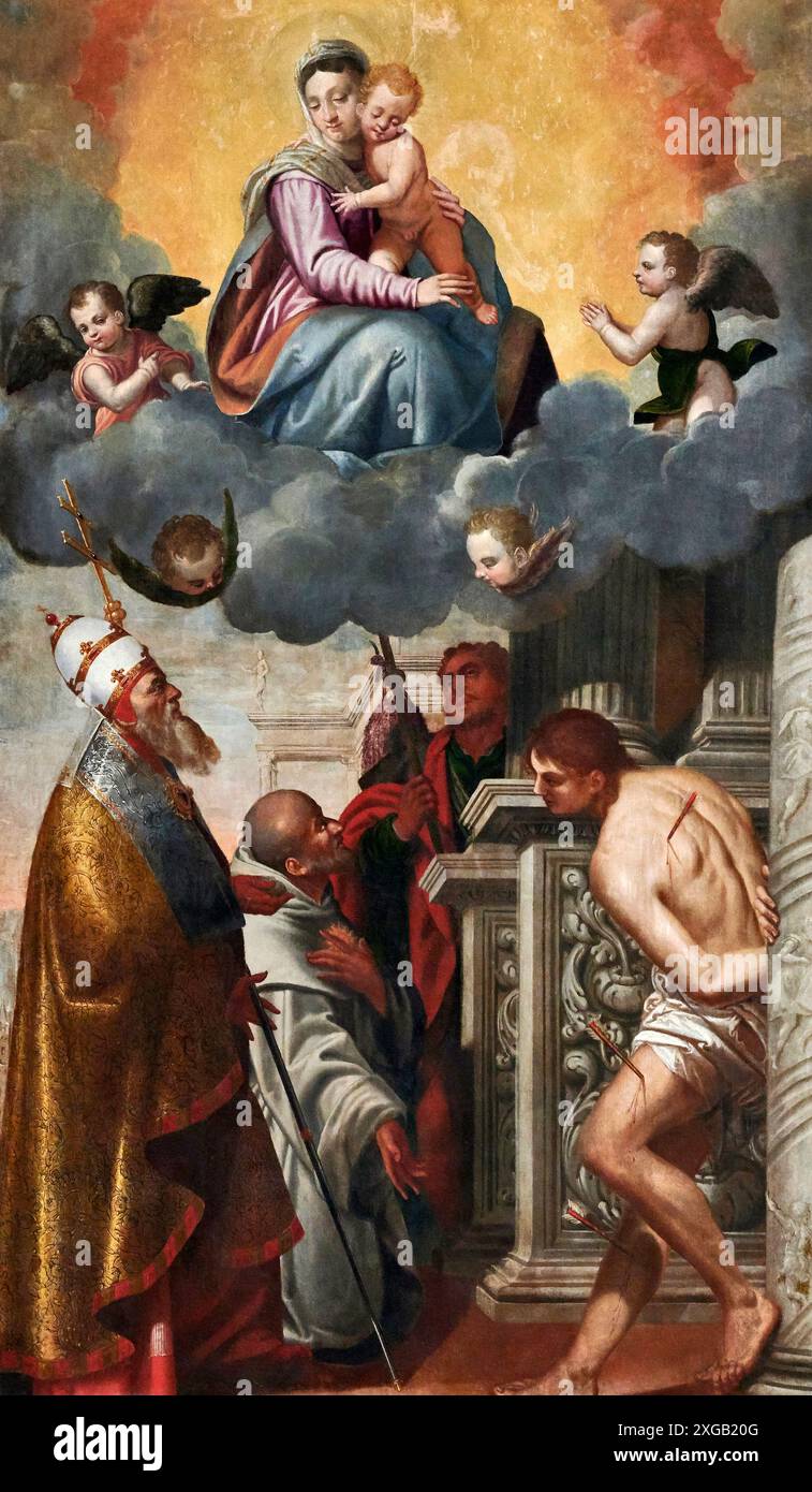 Madonna Col Bambino con S. Fabiano Papa, S. Benedetto, S. Rocco e S. Sebastiano - olio su tela - Pietro Marone - Fine del XVI secolo - Malonno (Bs), Chi Stockfoto