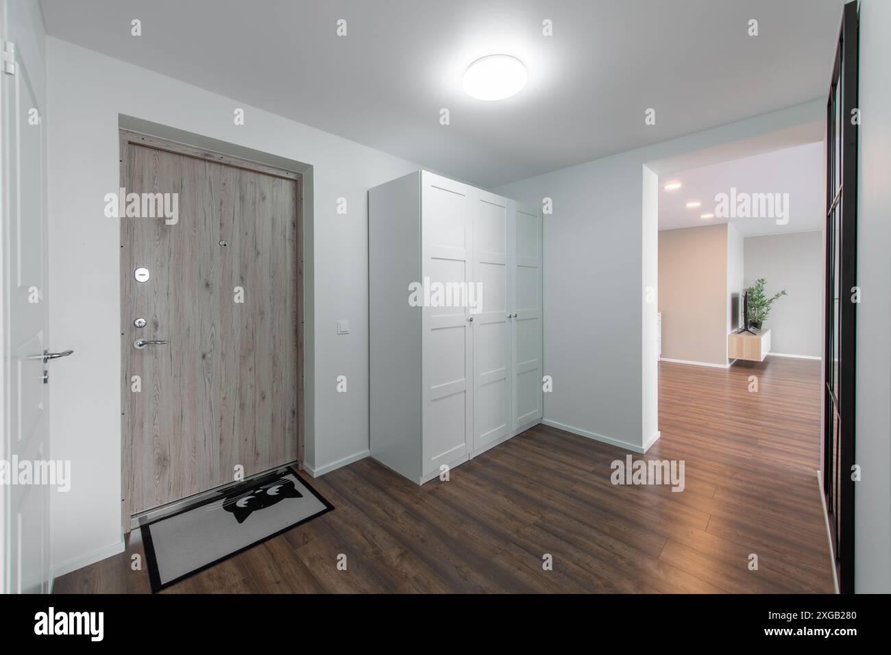 Eingangsbereich Zu Hause. Innenraum. Weiße Holztür, brauner Boden und weißer Kleiderschrank. Minimalismus. LED-Leuchte. Schwarze Bank Stockfoto