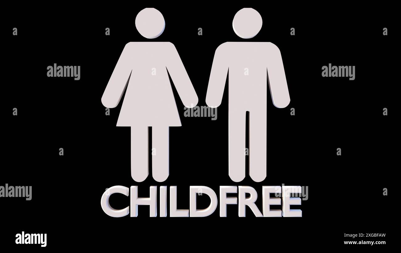 3D-Darstellung des isolierten Symbols für Mann und Frau mit dem Wort „CHILDFREE“ Stockfoto