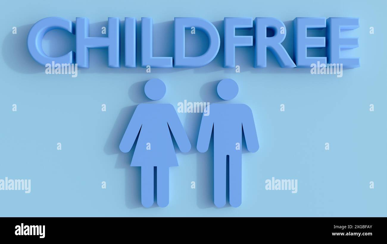 3D-Darstellung des isolierten Symbols für Mann und Frau mit dem Wort „CHILDFREE“ Stockfoto
